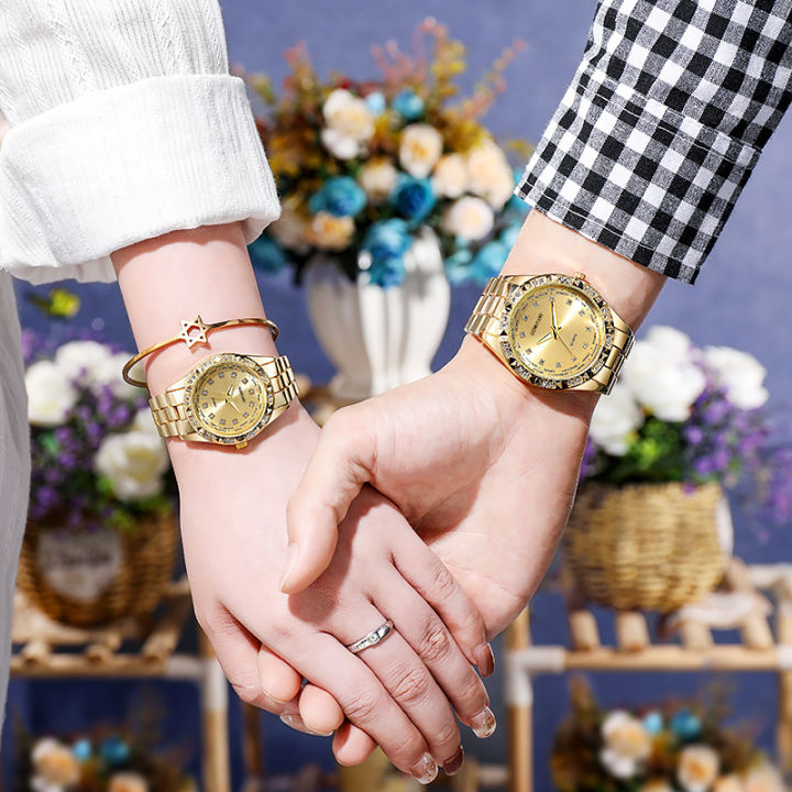 Couples Quartz Watches Luxury Gold Tone Rhinestones Dial Steel Wristband  Stylish Wristwatches For Men Women Romantic Lover Gifts Lazada PH