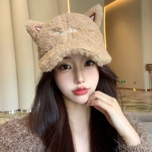 GFUTY อบอุ่นและอบอุ่น หมวกเบสบอลขนแกะ หนาขึ้น กันลม หมวกยอดแหลมฤดูหนาว น่ารักน่ารักๆ ที่บังแดด หมวกเบสบอลหูแมว สำหรับผู้หญิง