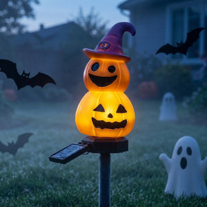 Cute Halloween Pumpkin Snowman Solar Stake Lights Outdoor Waterproof LED Pathway Landscape Lighting For Front Yard Garden Lawn Driveway Trick Or Treat Party Decor
