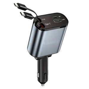 AUTOP  4 In 1 120W Car Charger Fast Car Charger With Retractable Cables Compatible With iPhone Huawei Samsung And More Android Devices Car Accessories