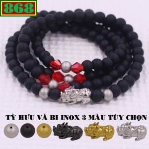 Vòng chuỗi 108 hạt đá thạch anh đen mờ charm tỳ hưu inox - hạt 6 ly 8 ly vòng chuỗi niệm Phật