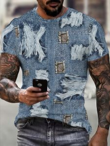 Summer Mens Printed Short Sleeve T-Shirt Faux Denim Patch Texture Parties Casual Attire Creative High Quality Mens Clothing