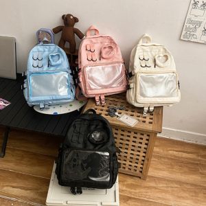 ANGY กระเป๋าหลายช่อง กระเป๋าเป้นักเรียน ตาข่ายแบบตาข่าย จุได้มาก กระเป๋าโรงเรียนกระเป๋า ง่ายๆ ผ้าใบแคนวาส กระเป๋าเป้สะพายหลังโปร่งใส วัยรุ่นอายุยืน