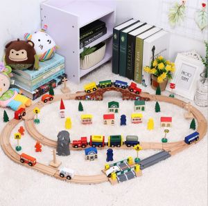 [Ready Stock - local] Big Wooden Train Set with Building Block Road Sign Cars Bridge and Wooden Human Figurine Suitable for Gift & Souvenir