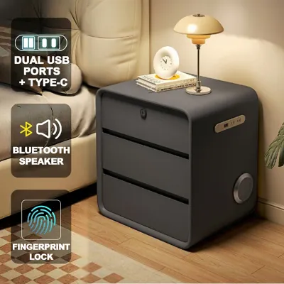 Smart bedside table bedroom bedside table light luxury high-end bedside table three drawers + fingerprint lock + USB charging + Bluetooth speaker 50*40*47CM