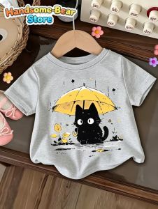 [Local Stock] ZEEMIN T-Shirt for Girls Cute Cat Umbrella 3D Print Girl Short-Sleeve Top Cartoon Cat Summer Clothes Child T-Shirt Childrens Clothing