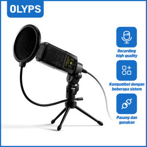 【OLYPS】Microphone 3.5mm Mic Condenser untuk Merekam Podcast Streaming PC dengan Jaring Anti Tiup dan Dudukan Tripod Desktop