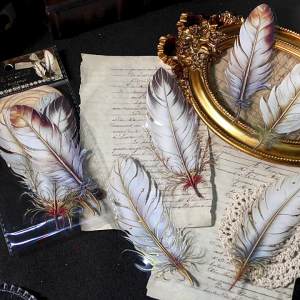 5Pcs Vintage Feather Gold Foil Sticker PET Decorative Sticker Adhesive Sticker For Journal Scrapbooking Photo Album