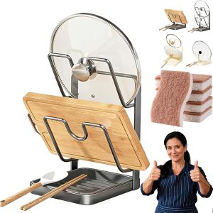 Kitchen Pot Lid Storage Rack 2026 Kitchen Pot Lid Holder Pots Lids Organizer Rack with Removable Drip Tray Multifunctional Utensils Pan Pots Cover Lids Rack Shelf for Storage (Beige Double-layer)