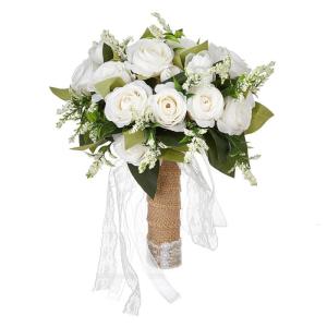 Realistics White Rose Artificial Bouquet Bride Bouquet Silk Ribbon Decoration for Photo Shoot Decoration