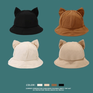 NUBE Sunscreen Cats Ears Bucket Hat Wide Brim Anti-UV Fisherman Hat Casual Foldable Sun Hat Outdoor Activities