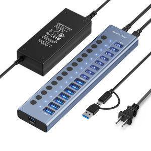ACASIS 16-Port USB Hub 10Gbps 8x USB-A 3.1 + 8x USB-C Data Hub High-Speed Transfer para sa mga Hard Drive U-Disk May Kasamang Power Adapter at mga Kable