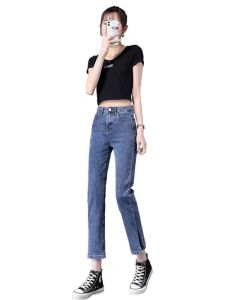 Ladateens shop 8060 กางเกงยีนส์เอวสูง ทรงกระบอกเล็ก ปลายขาผ่าขาดด้านข้าง