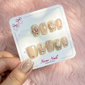 Handmade Press On Nails Short Reusable Cat Eye French Nude Solid Color Diamond Glossy Nails for Women
