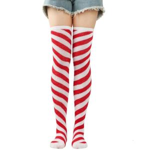 Women Girls Over Knee Long Socks Christmas Diagonal Striped Print Christmas Thigh High Stockings Holiday Party Hosiery
