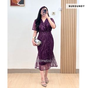 6055 Anatari Kimono V Neck Tile Brukat Midi Dress Natal Pesta Tahun Baru