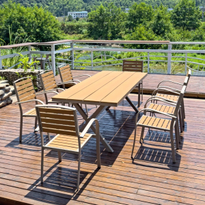 Nordic Outdoor Garden Furniture Leisure Plastic Wood Table and Chair Combination Set Waterproof and Sunscreen For Milk Tea Coffee Shop Villa Balcony Patio Terrace Courtyard