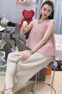 [NOVA quality] Miyake pleated organ suit ❤  summer new hot style ~ solid color irregular pleated sleeveless vest T-shirt two-piece suit