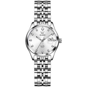 OLEVS 5649 Women Quartz Fashion Watch Gift Round-dial Stainless Steel Watchband Wristwatch Calendar