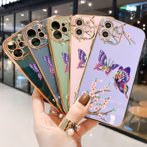 OPPO A16เคสโทรศัพท์ Oppoa16เคสโทรศัพท์ OppoA16กรณี OPPO A17 OPPO A17K กรณี OPPO A16S ฟรีสายคล้อง + การ์ตูนที่มีสีสันผีเสื้อขอบสี่เหลี่ยมรูปแบบปลอกชุบเคสโทรศัพท์หรูหราชุบเคสแบบนุ่ม