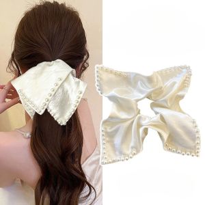 Korean Fashion Pearl Satin Square Scarf Hair Tie for Women High Elastic Rubber Band