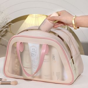 Y2K2 โปร่งใสโปร่งใส กระเป๋าเครื่องอาบน้ำสำหรับเดินทาง กันน้ำกันน้ำได้ สองชั้น กระเป๋าเครื่องสำอาง แบบพกพาได้ แยกแห้งและเปียก ที่จัดเก็บเครื่องสำอาง สำหรับผู้หญิง