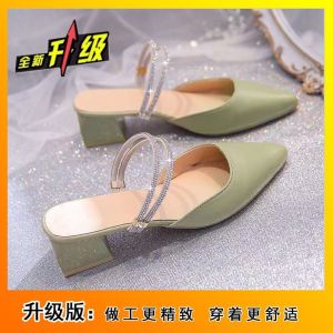 [Free Shipping] Fashionable Pointed-Toe Chunky-Heeled Solid-Color Slip-On Sandals New Summer Style Rhinestone-Embellished Sandals Everyday Casual High Heels