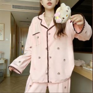 Korean Soft Cotton Womens Paw Print Casual Pajama Set with Side Pockets Loose Breathable Loungewear.