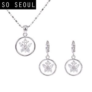 SO SEOUL Caria Butterfly in Circle Diamond Simulant Zirconia Hoop Earrings with Pendant Chain Necklace Jewelry Gift Set