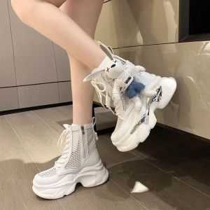 Mesh Breathable White Martin Boots Womens Popular Rabbit Hollow Platform Thick Soled Dad Shoes Short Boots