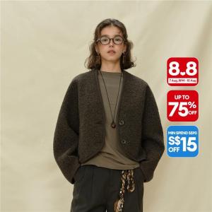 Giordano Women Two-Tone Bouclé Wool-Blend Jacket with V-Neck & Set-In Sleeves Free Shipping 18375216