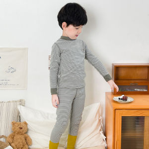 Spot Autumn and Winter Childrens Middle Collar Base Thermal Underwear Set Childrens Color-matching Horizontal Strip Home Clothes Pajamas Two-piece Set