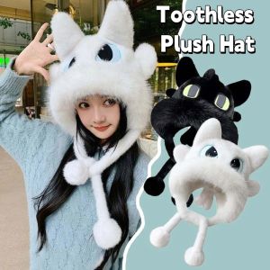 SWEET TIM ป้องกันความหนาว หมวกผ้าพลัฌที่ไม่มีฟัน ป้องกันลม การ์ตูน หมวกบักเก็ต Night Fury เล่นสกี ปรับได้ หมวกป้องกันหู ผู้หญิง