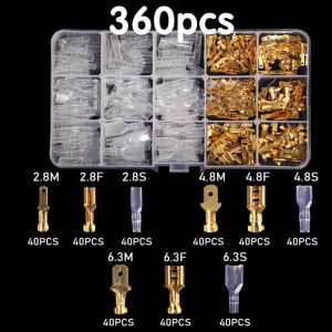 360ชิ้น หัวต่อสายไฟขั้วปลายสายไฟแบบจีบพร้อมแขน หางปลาทองเหลือง (แท้) แบนเมีย / แบนผู้ หัวต่อสายไฟ ขนาด 2.8/4.8/6.3mm เชื่อมต่อชั้นดีพีวีซีสารหน่วงไฟเปลวไฟโปร่งใส+พลาสติกโพลีเอทิลีนสีดำความร้อนหดท่อ