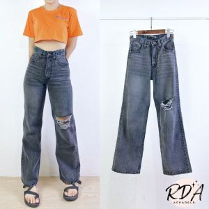 RDA Apparel. กางเกงขายาว ผญ เอวสูง ขากระบอกตรง ผ้าไม่ยืด สีดำฟอก แต่งขาด ไซส์ S-XL กางเกงยีนส์ ผู้หญิง ไม่รัดขา ยาว 39-40 นิ้ว