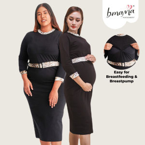 Bmama GM016 Leopard Print Maternity Nursing Dress Long Sleeve Midi Dress Twin Zip Breastfeeding Access Waist Tie