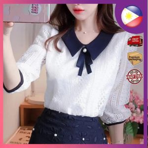 Half Sleeve Elegant Lace Tops Womens Spring Summer Style Chiffon Blouses Shirt Womens V-neck Bow Patchwork