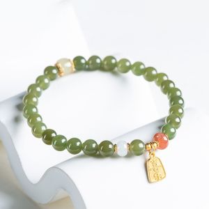Natural Hetian Green Jade Beaded S925 Silver Joyful Pendant Women Bracelet with Certificate