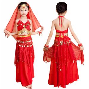 LOlanta 7PCs Indian Belly Dancer Costumes for Girls Kids Halloween Outfits Halter Top Skirt Veil Bracelet Dance Performance Set