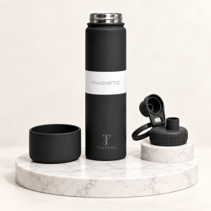 TEZORAH 750ml Magnetic insulated water bottles in pink cream green gray and black with loop handles.
