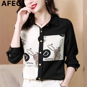 AFEG New Korean Style Shirt Collar Fashion Loose Versatile Print Patchwork Chiffon Long Sleeve Blouse for women