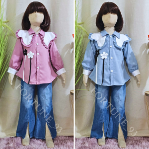 Stelan jins anak perempuan import korean style motif salur celana cutbray usia 3 - 12 tahun set anak tangung jumbo oversize set lucu anak perempuan set kuromi anak perempuan -COD