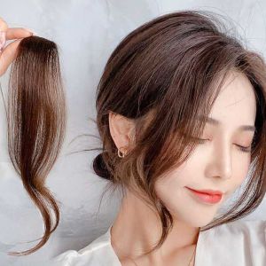 SDFSF Fluffy Curly Stylish Heat Resistant Fiber Brown Female Natural Girls Clip In Forehead French Oblique Bangs Synthesis Wig Hair Extensions Middle-part Bangs