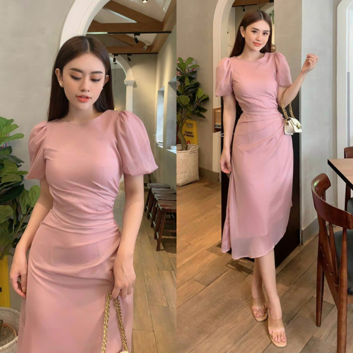 Váy thiết kế cao cấp màu hồng pastel tay phồng chiết eo vạt ngực [ Có video  + Ảnh thật ] The Shilla - B01-54c4 | Shopee Việt Nam