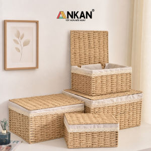 Giỏ Đựng Quần Áo Có Nắp ANKAN Bằng Sợi Giấy Lót Vải Hoa Cúc 3 Kích Thước