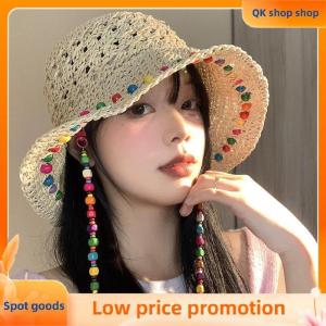 ✨QK shop✨ Fashionable Colorful Wooden Bead Straw Hat For Women In Summer With Large Hollow Brim Sun Hat Foldable Fisherman Hat