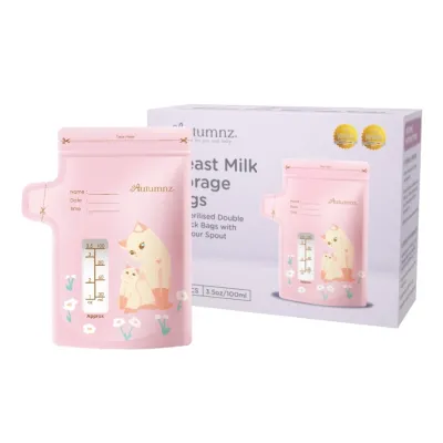 Autumnz Pre-Sterilised Double Zip Lock Breastmilk Storage Bag With Easy Pour Spout (28 Bag)