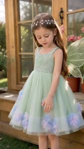 Girls Fairy Princess Dress with Wings Floral Tulle Dress Kids Birthday Party Dress Flower Girl Costume Green Princess Gown for Wedding Performance