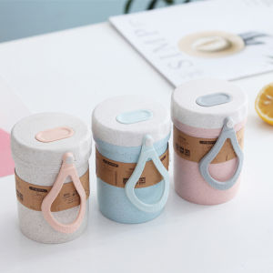 Portable Soup Cup with Lid Wheat Straw Plastic Soup Cup with Spoon Microwavable Food Box Breakfast Milk Containers 300ML