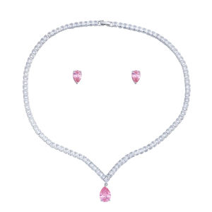 SEQUITO Delicate Women Jewelry Set Silver Plated Pave Setting Baguette Cut AAAAA Cubic Zirconia Teardrop Pink Pendant Stud Earrings Necklace Clothing Accessories SJ384